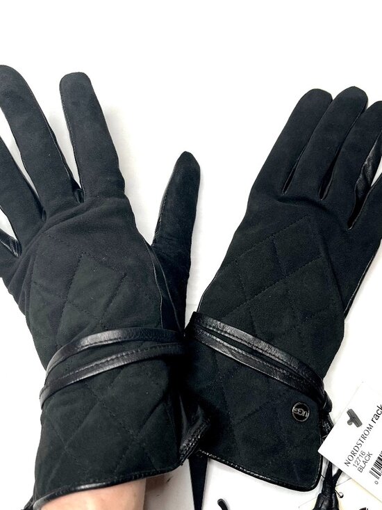 NEW UGG Black Quilted Leather Gloves Fringe Suede Wool Cashmere Lining Driving - Picture 1 of 9
